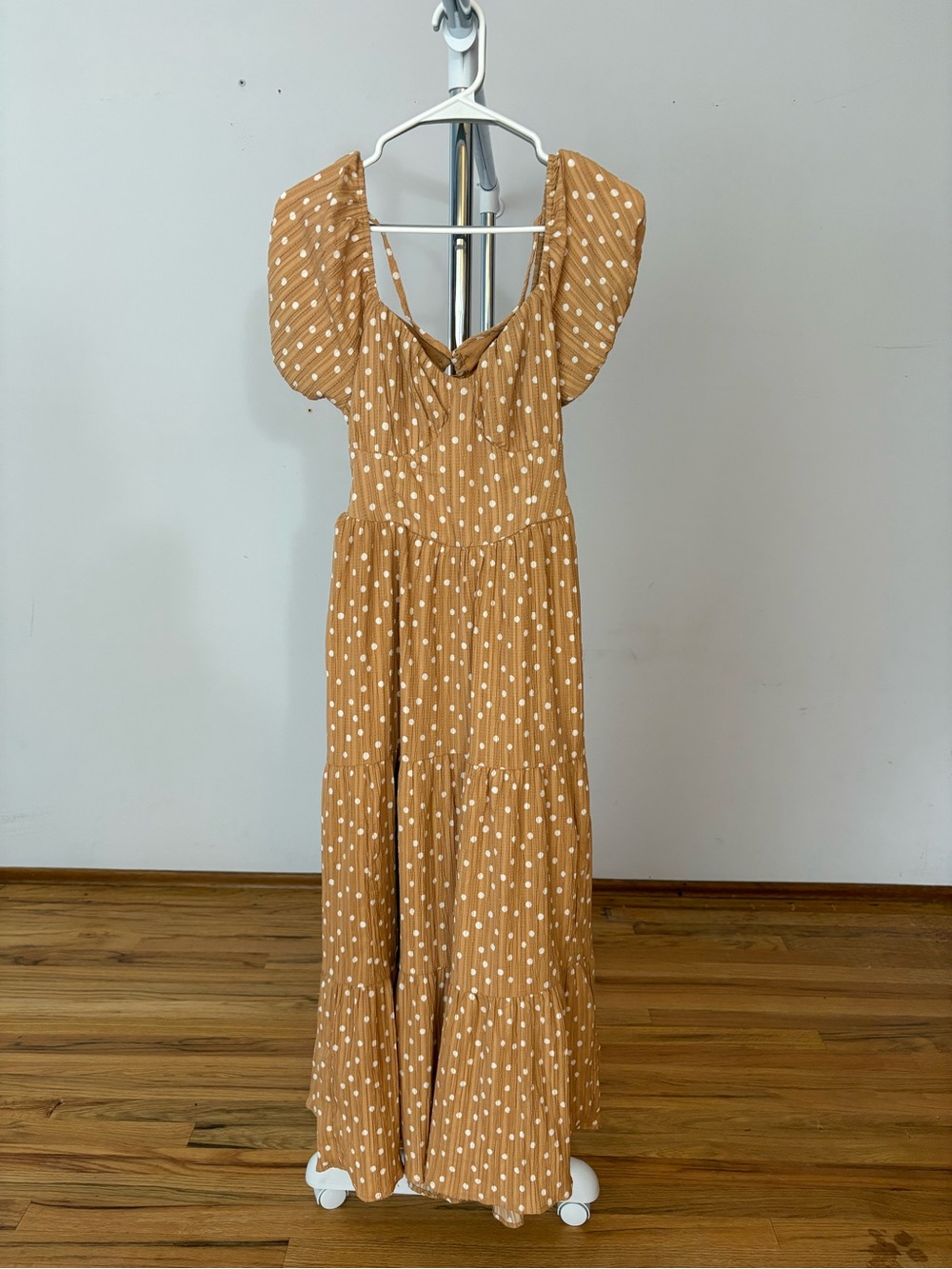 American Eagle Open Back Mustard Yellow/ Orange Polka Dot Midi Dress